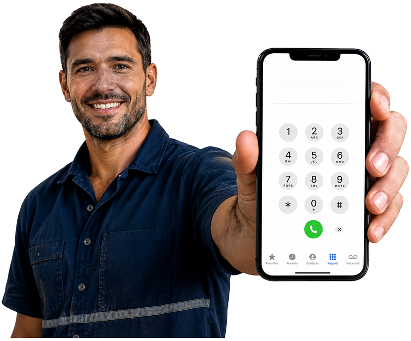 Kellyville Blocked Drains plumber holding a phone — call 1300 261 965