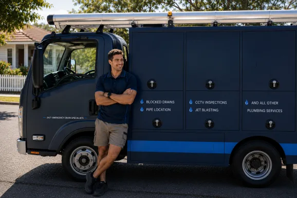 Plumber standing beside a service van in Kellyville