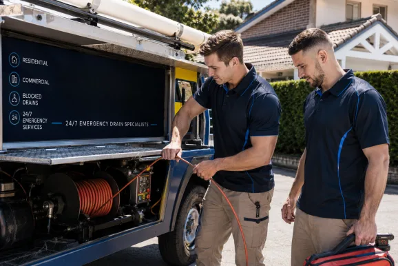 Two plumbers working on a blocked drain in Kellyville