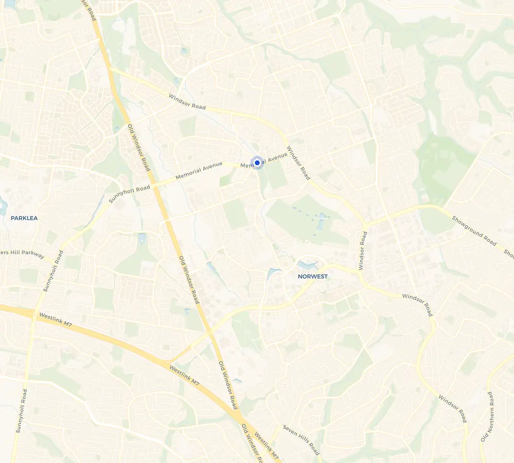 Map of the Kellyville service area and the surrounding Hills District, showing Kellyville and the nearby streets we cover.