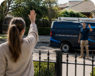 Customer waving goodbye to a Kellyville Blocked Drains plumber